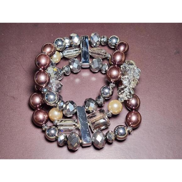 Jewelry - Costume Jewelry Beaded Stretch 3-Strand Bracelet Pearl Bronze Rose Gold Crystal